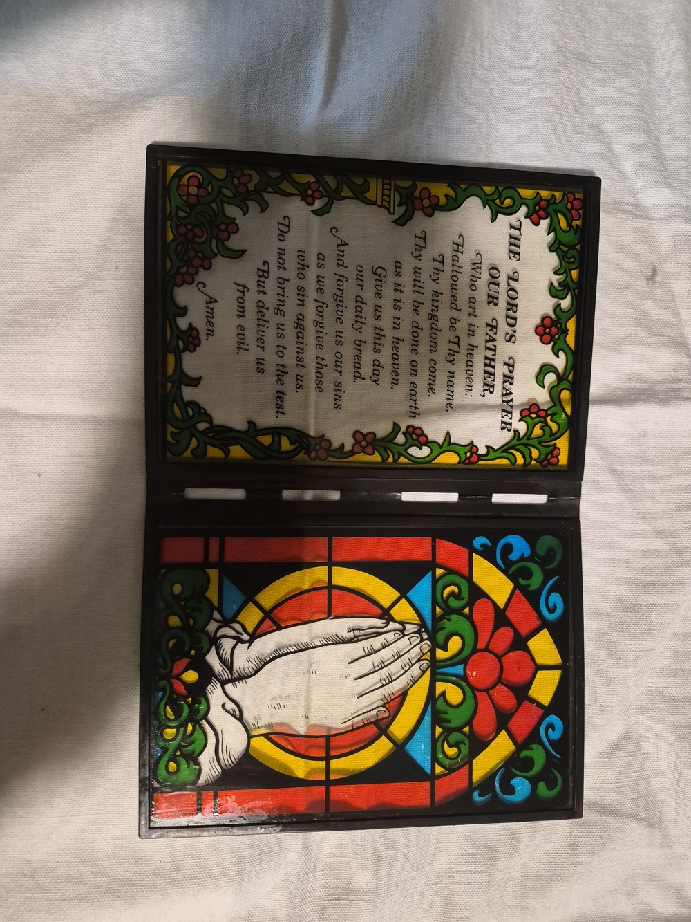 Vintage Faux Stained Glass Lord's Prayer & Praying Hands Double-Sided Diptych